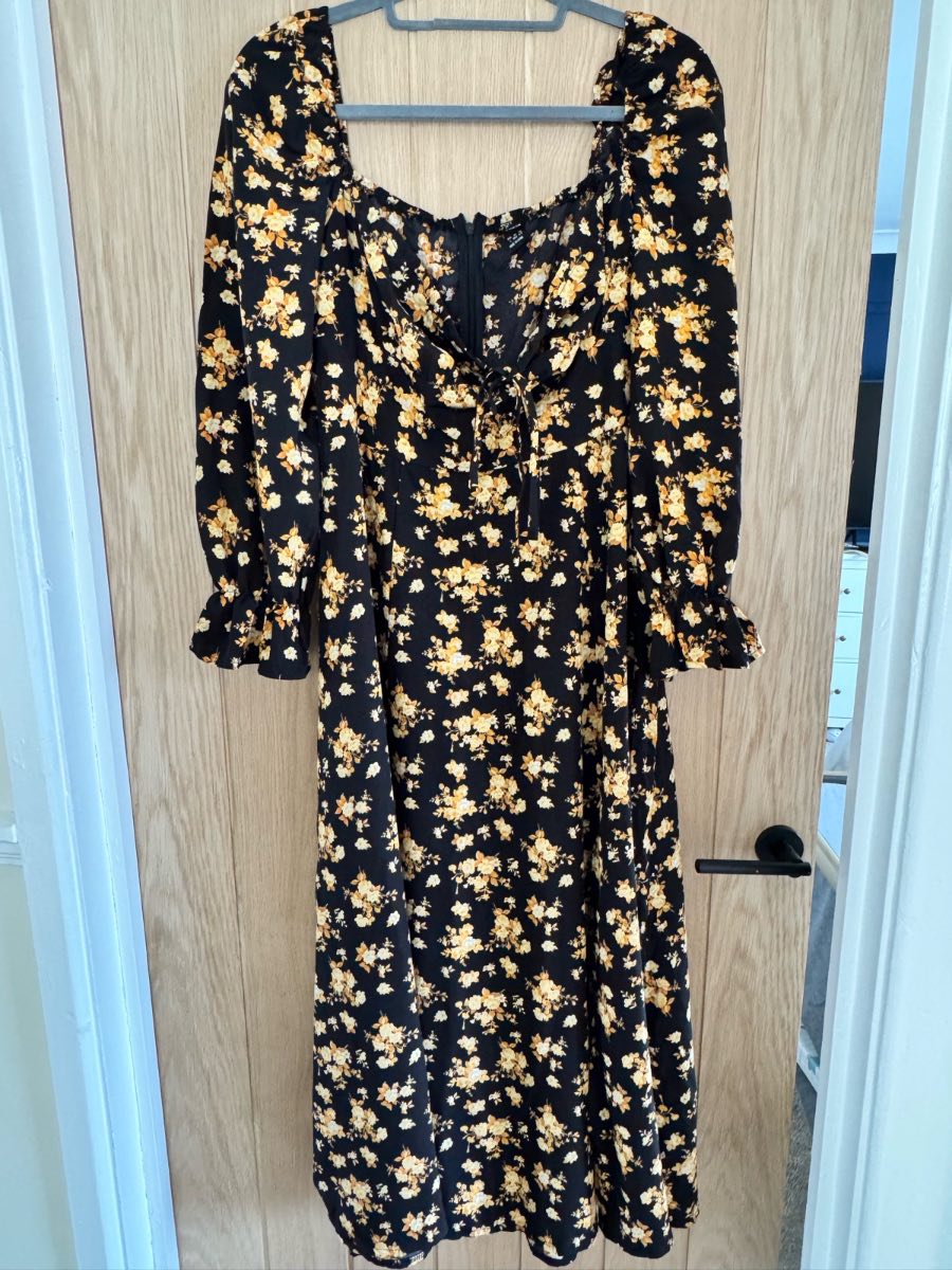 Shein Black/Yellow Floral Square Neck Smocked Puff 3/4 Midi Dress L