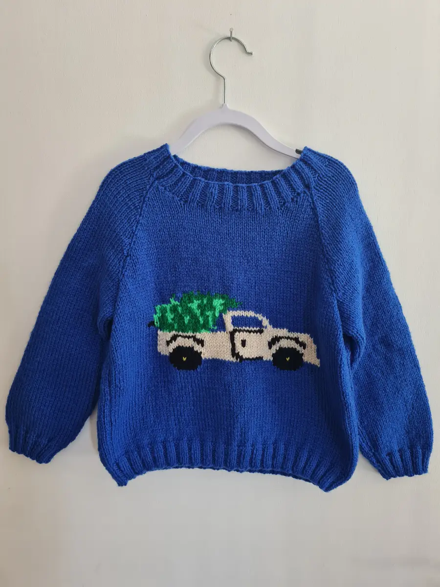 Hand knitted Christmas tree and truck jumper Age 3 years