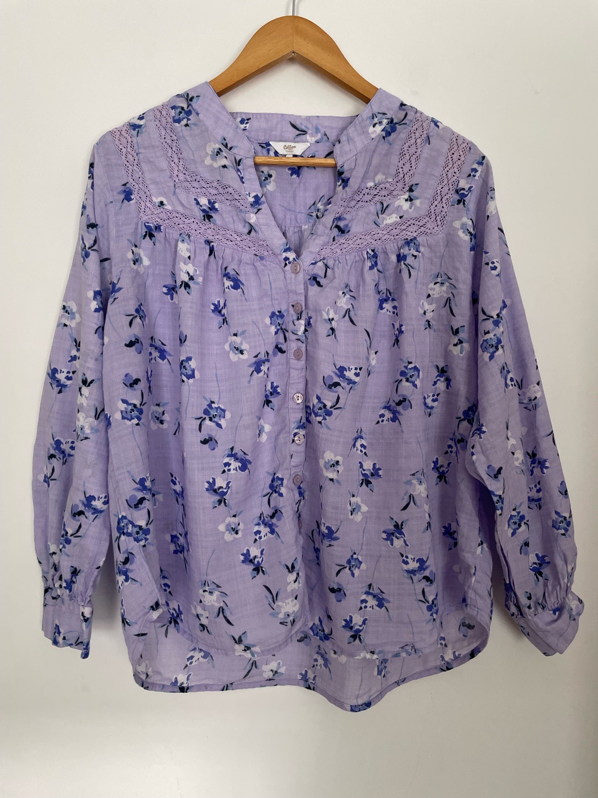 Cotton Traders Floral Peasant Blouse Size 14 Lilac Lace Trim Smock Top