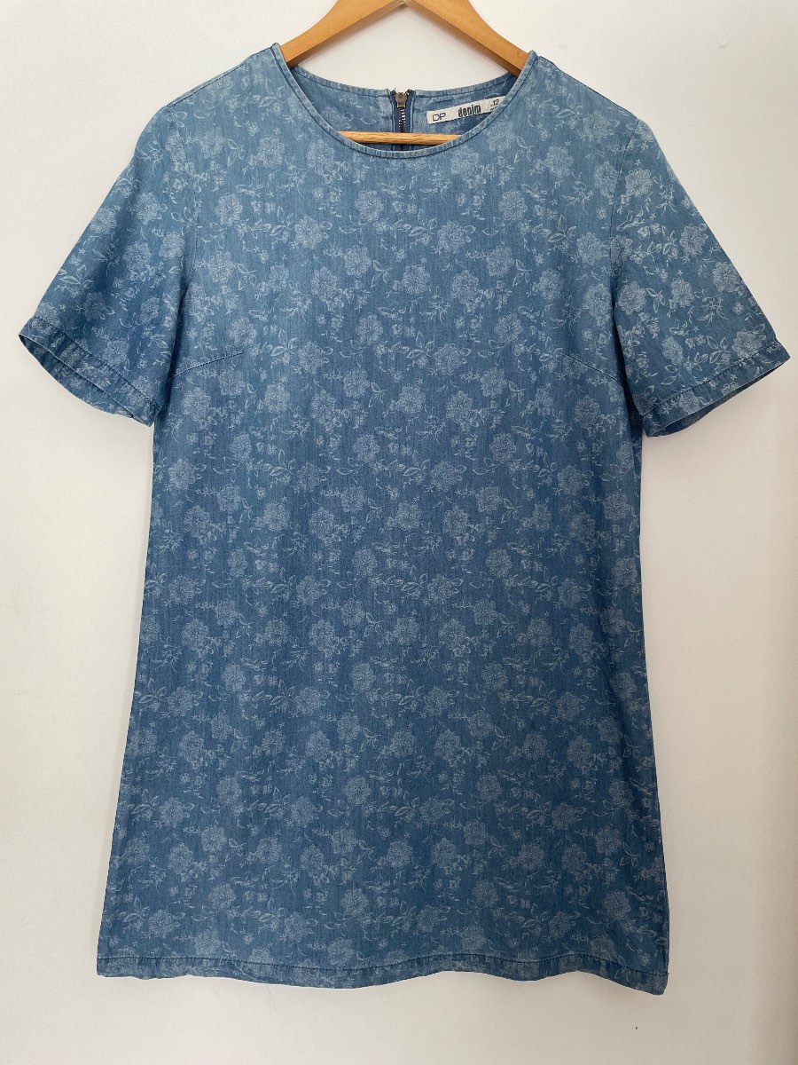 DP Denim UK 12 Blue Floral Chambray Short Sleeve Shift Mini Dress
