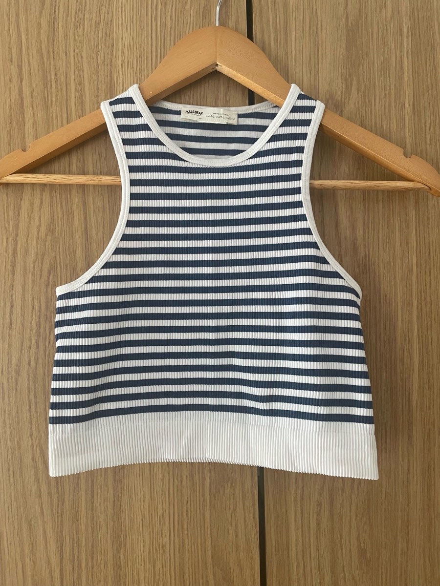 Pull & Bear Navy Blue White Striped Ribbed Racerback Crop Tank Top M L