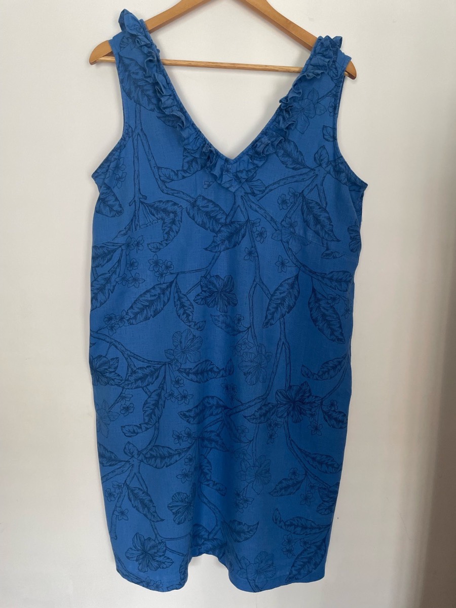 Next UK 16 Blue Linen Blend Floral Ruffle V Neck Shift Dress Pockets Summer