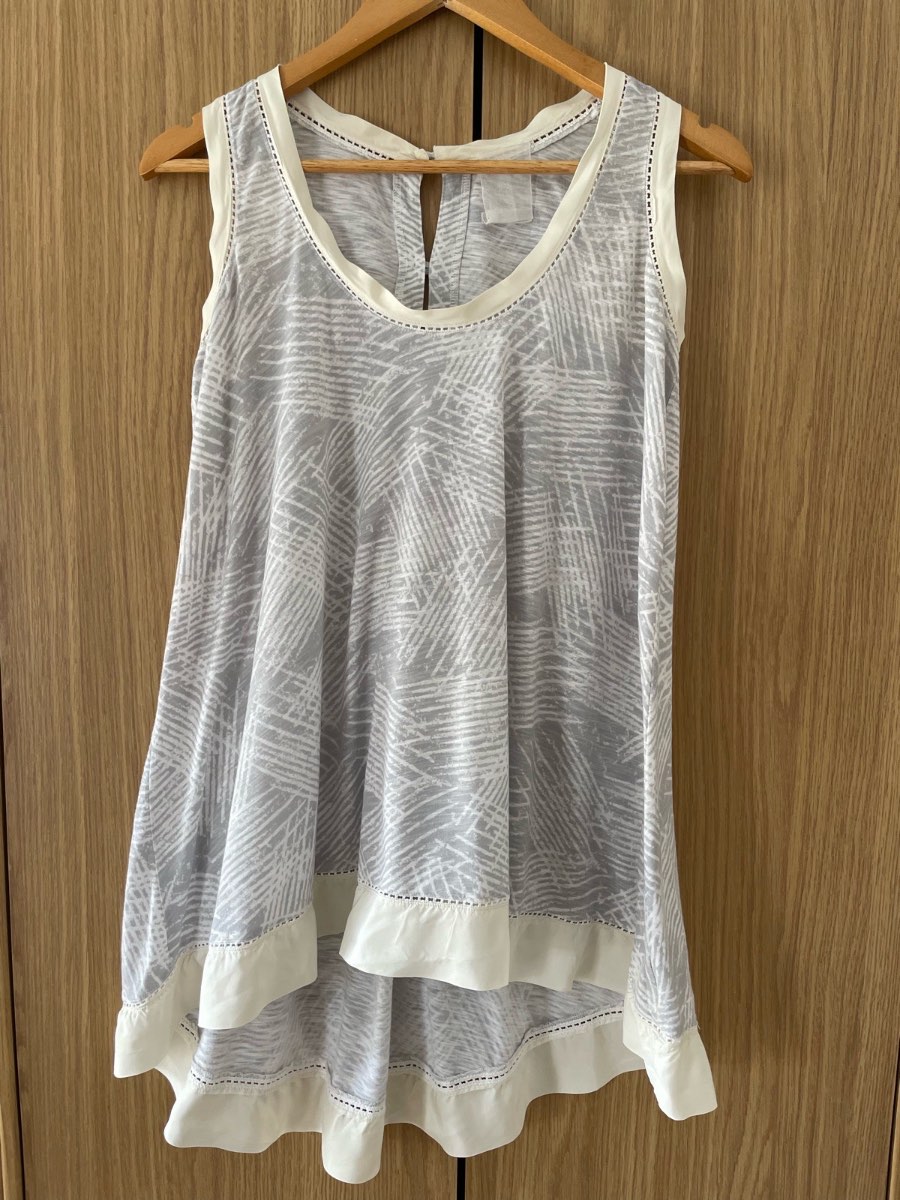 Next Grey White Silk Trim Swing Top UK 8 Boho Beach Tunic Longline Cami