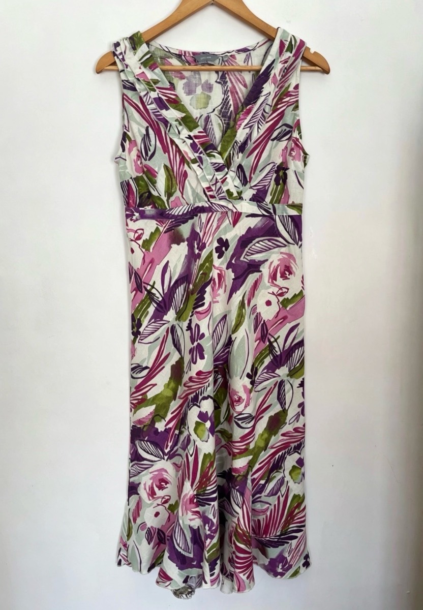 Per Una M&S 100% Linen Floral Midi Dress Size 12 Reg Purple Pink Boho