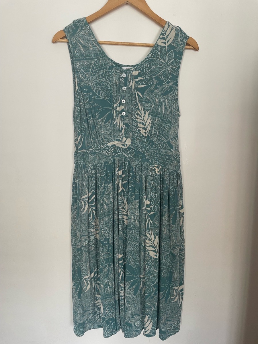Cotton Traders Sea Green Leaf Crinkle Maxi Dress UK 14 Pockets