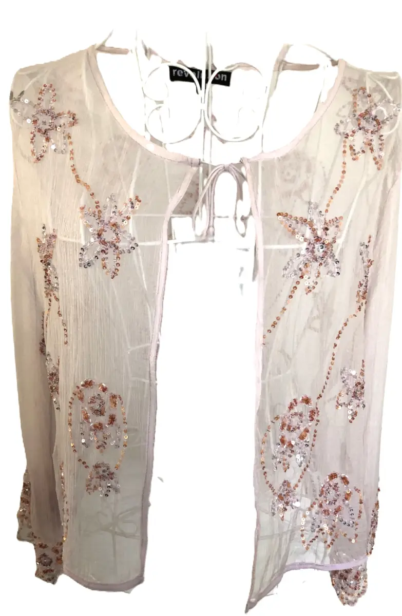 Ladies Revolution Beaded Sequined Sleeved Over Top Open Blouse Size Large