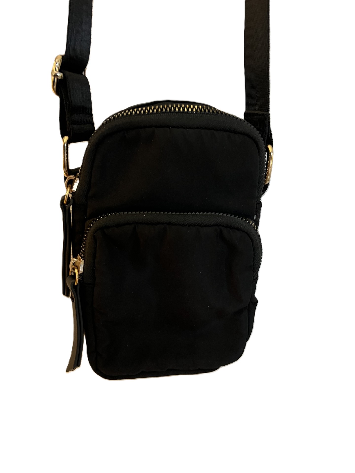 Ladies Black Layered Zipped Phone Cross Over Bag Black. Adjustable Strap.