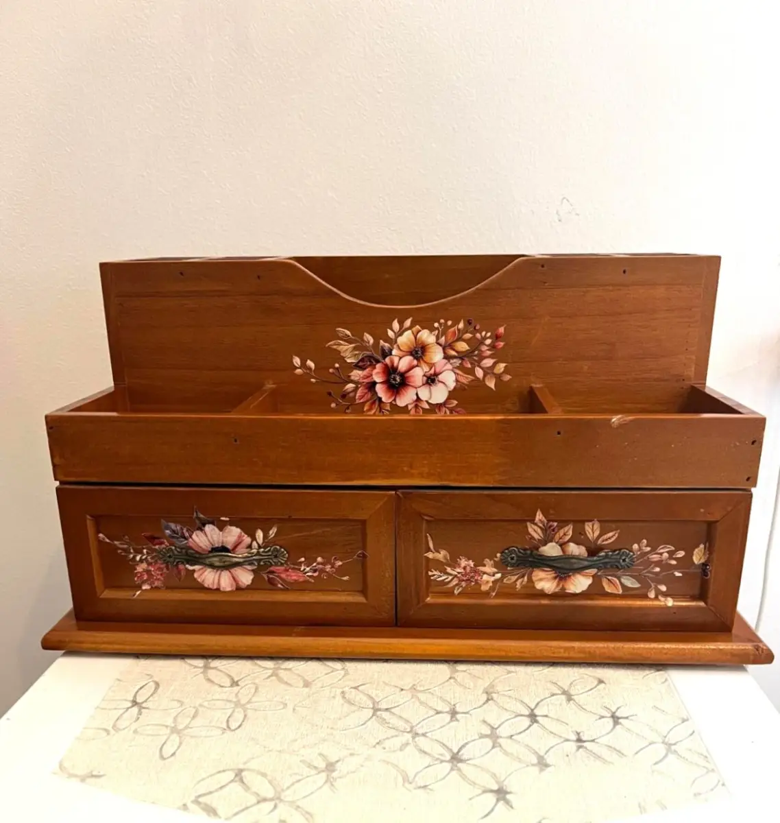 Vintage Wooden Organiser Floral Motifs Compartments & Drawers for Sorting Items