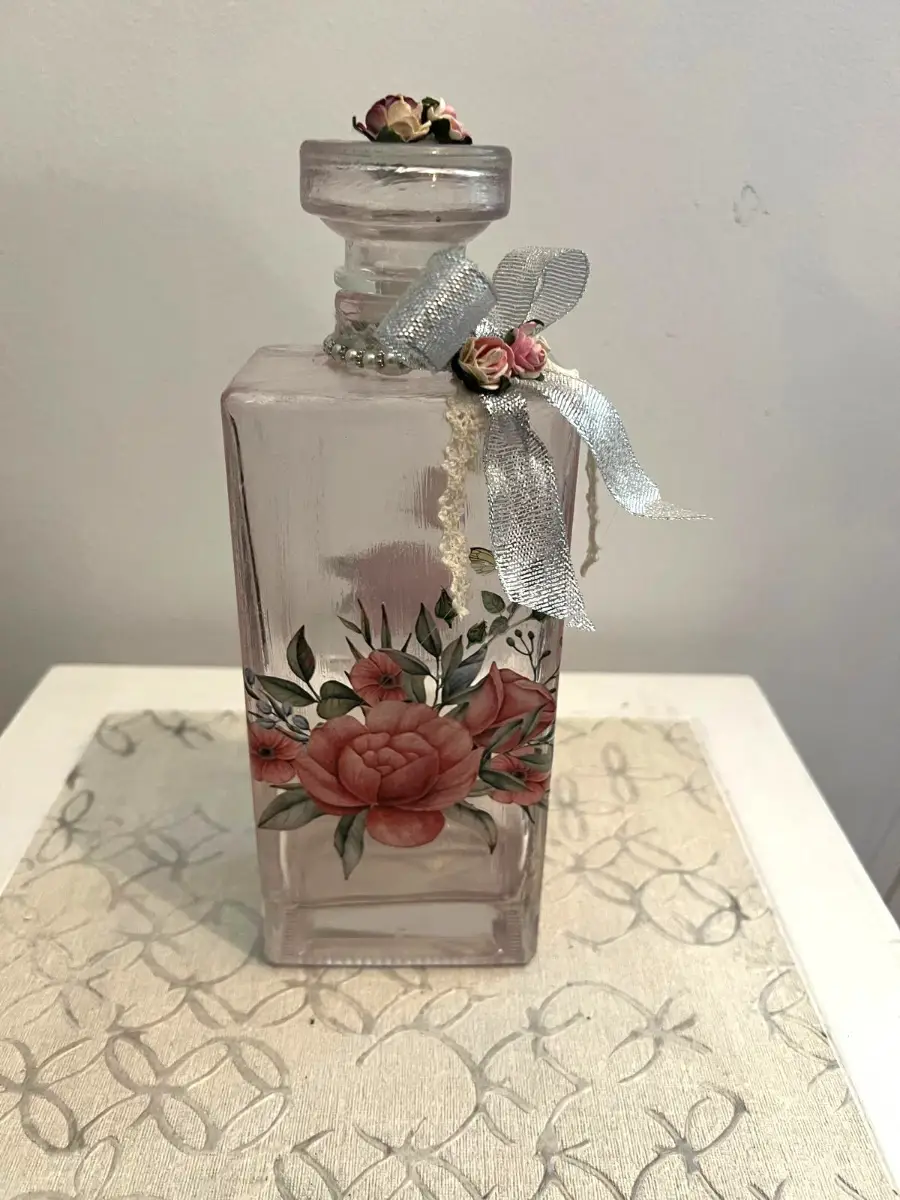 Share Hand Decorated Glass Bottle Floral Transfer Stained Pink Glass Ribbon & Pearls