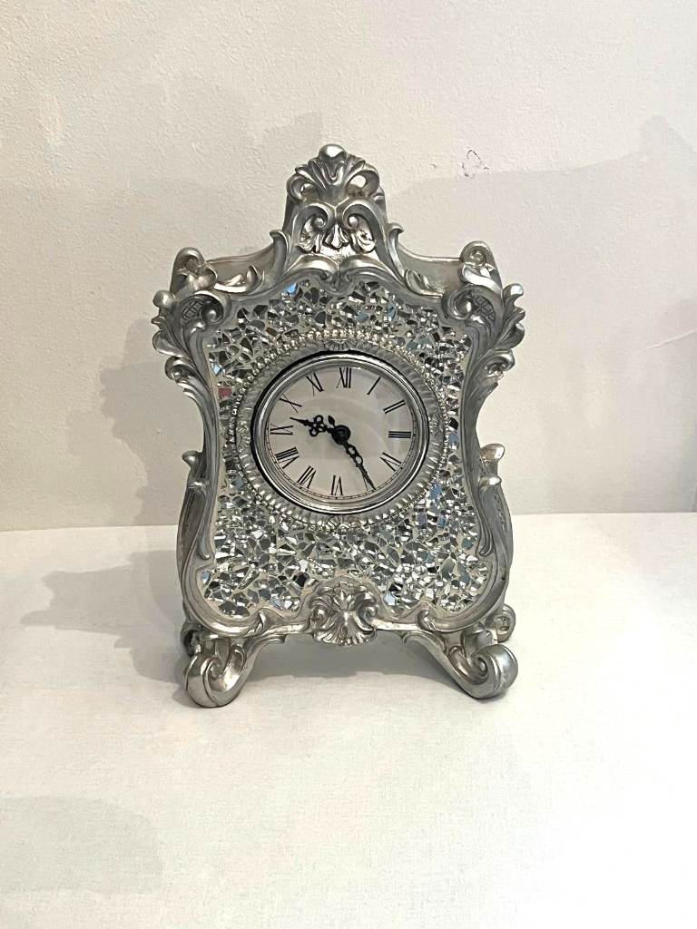 Sparkle Mosaic Table Clock Silver Finish Intricate Ornate Frame Velvet Backing