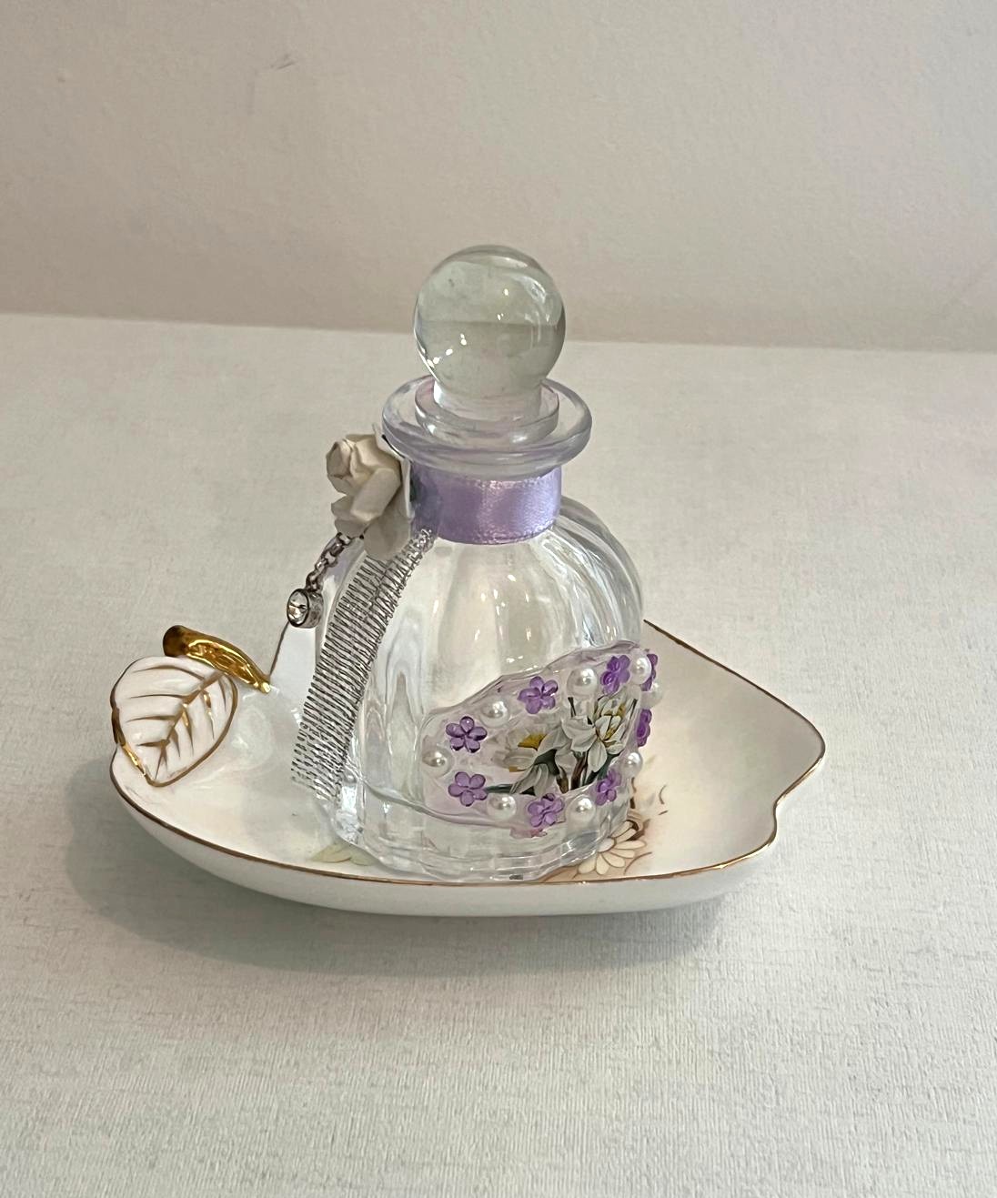 Vintage Style Apple Shape Trinket Dish Pink Floral With refillable Glass Bottle
