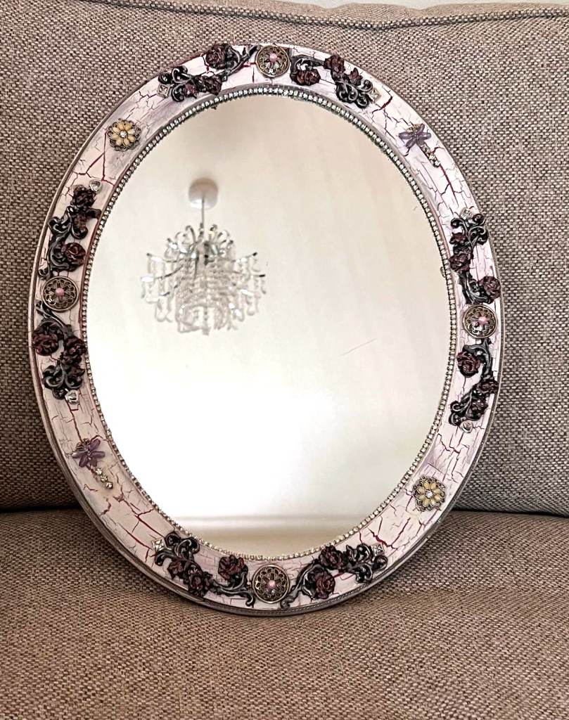 Oval Wall Mirror Decorative Distressed White Frame Red Crackle Floral Design
