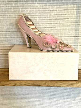 Pink High Heeled Shoe Ring Display, Beaded  Rhinestones & Feathers.