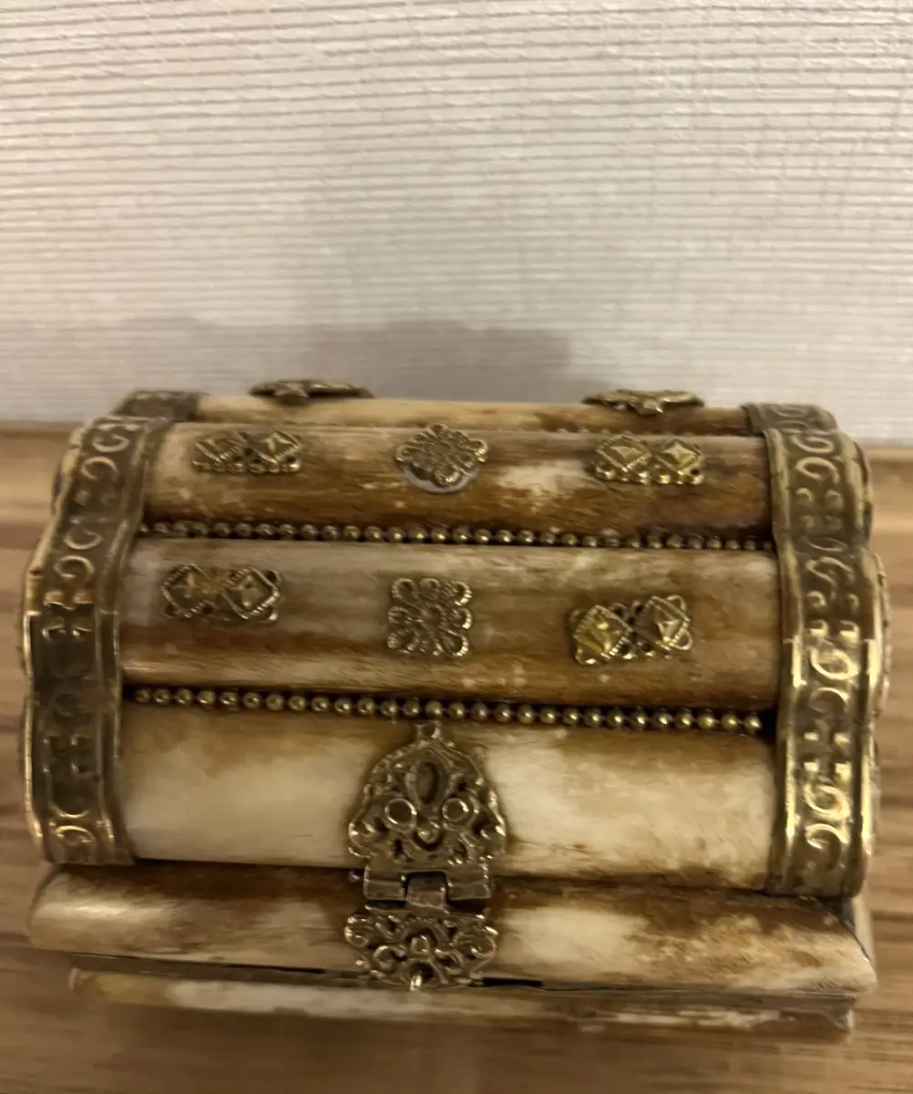 Vintage Camel Bone Brass Inlaid Jewellery Trinket Box Velvet Lined Interior