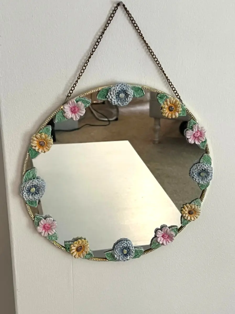 Vintage Style Round Floral Mirror features Flowers Gemstone Edge Velvet backing