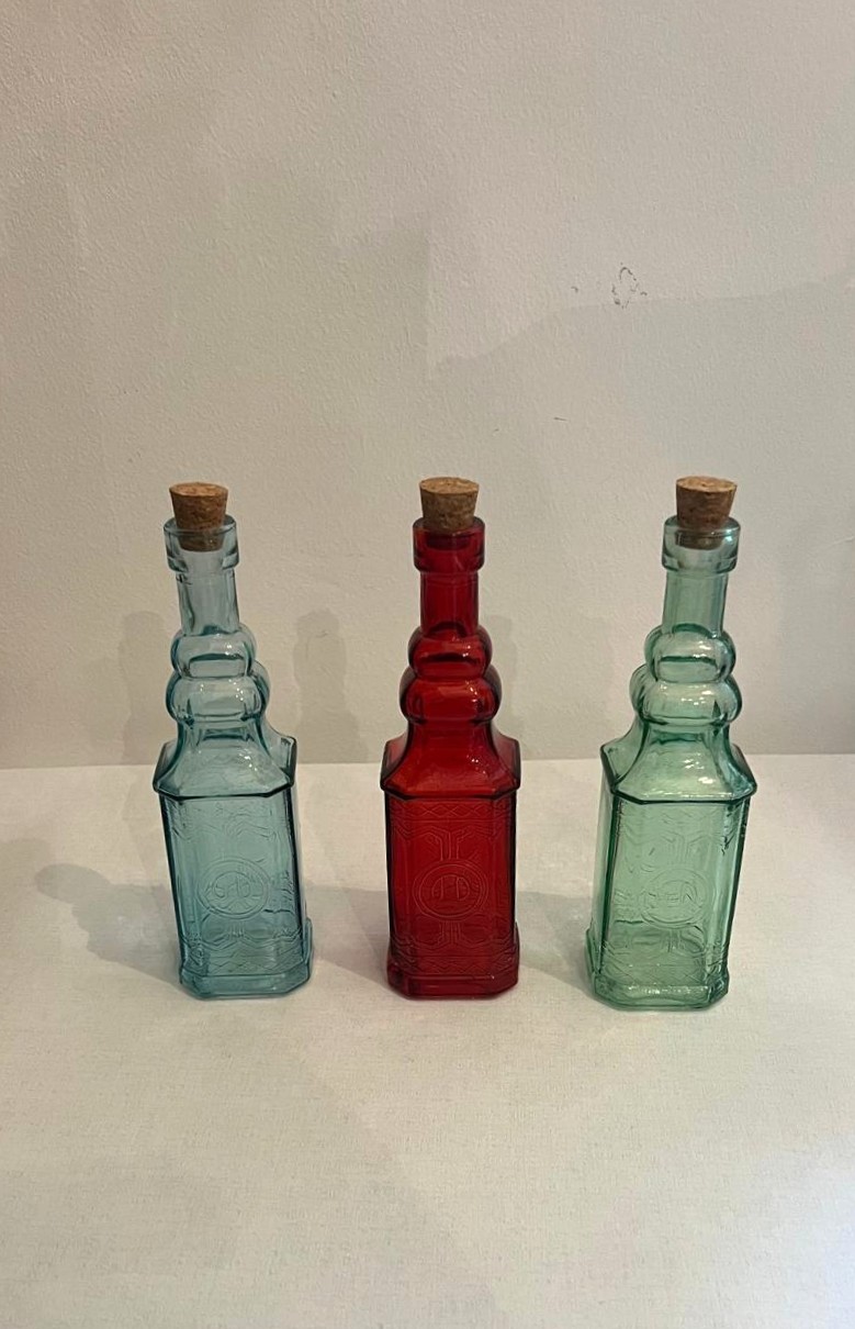 Vintage Red Blue and Green Glass Bottles Set of Three Cork Stoppers