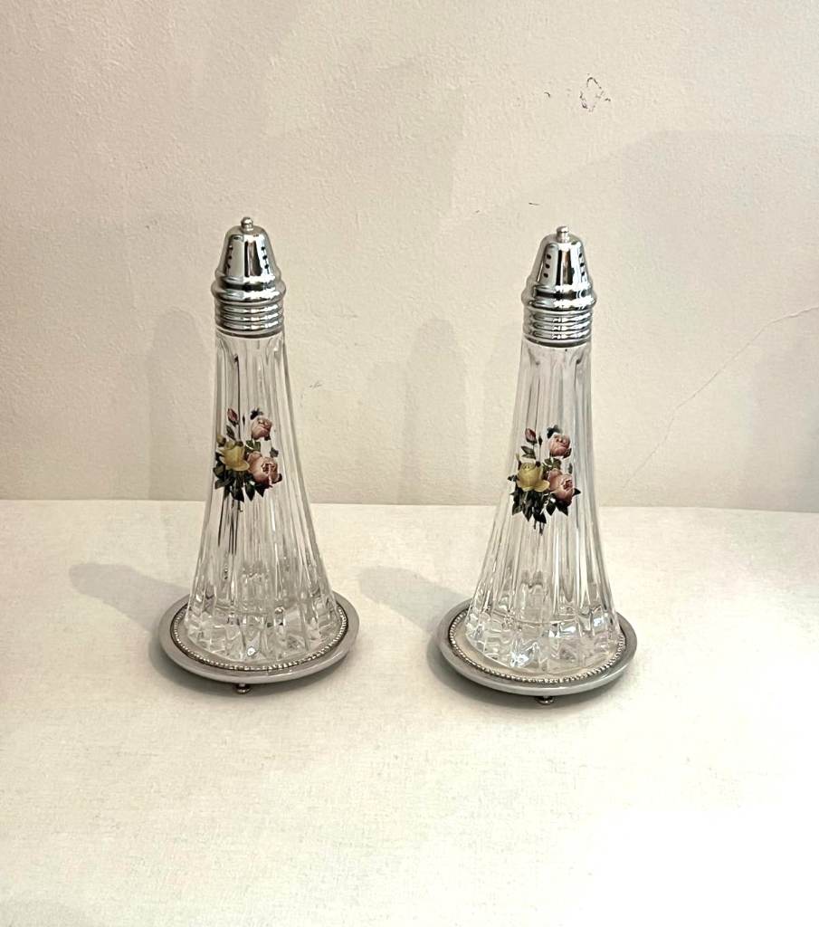 Cut Crystal Salt and Pepper Shakers with Floral Detail and Display Stands