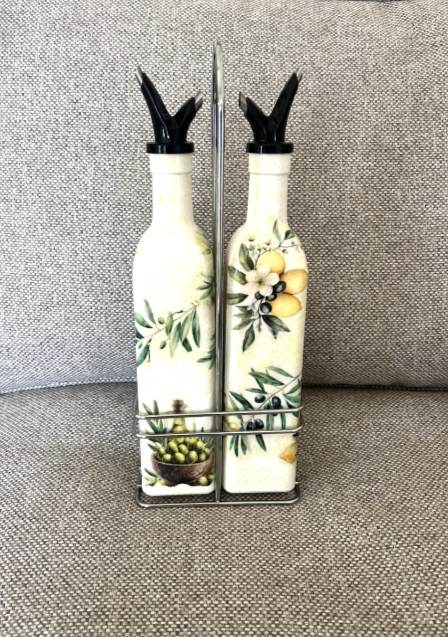 Set Of Oil & Vinegar Dispenser Set Mediterranean Design Hand Crafted With Rack.