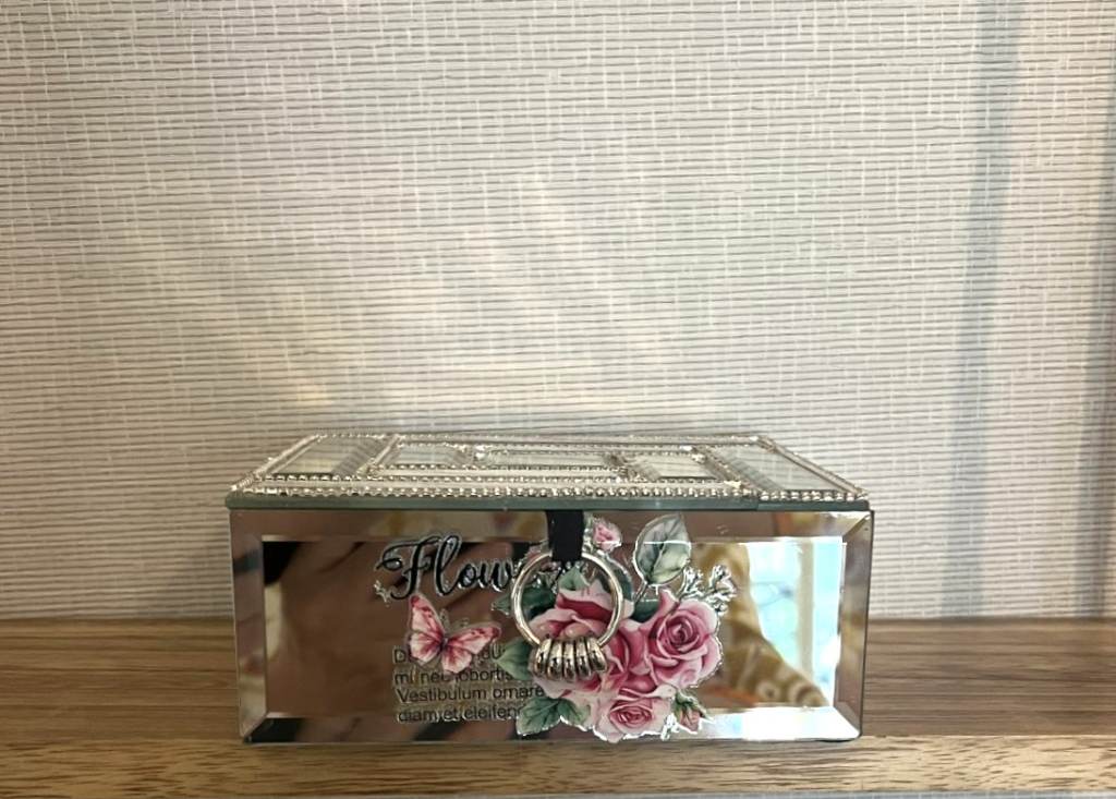 #Glass Mirrored #Jewellery Box #Velvet Inlay #Floral Design #Rhinestone Detail on Lid