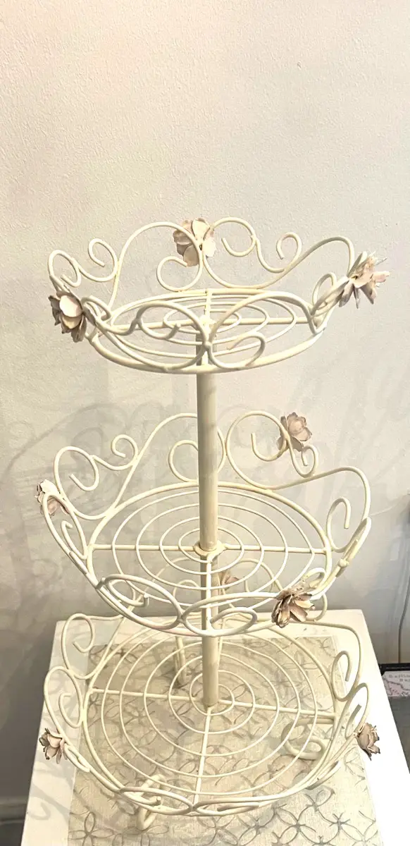 Metal Tier Cake Organiser Intricate Scrollwork Delicate Floral Shabby Chic Style