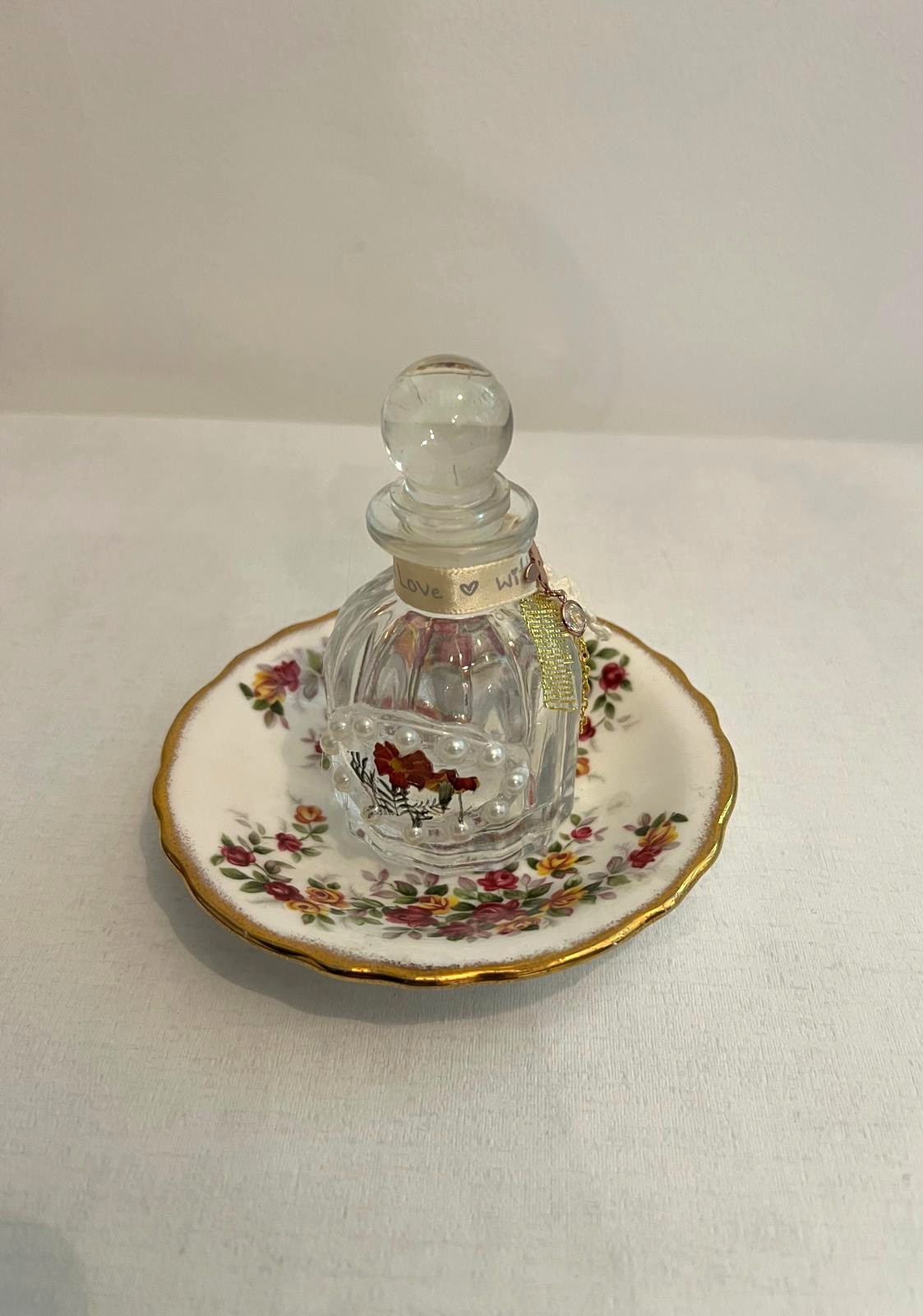 Royal Grafton Trinket Dish Rose Garden Pattern Gold Trim Ribbed Glass Bottle
