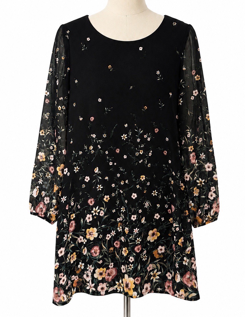 Apricot Black Floral Chiffon Tunic Dress – UK 12 – Sheer Sleeves
