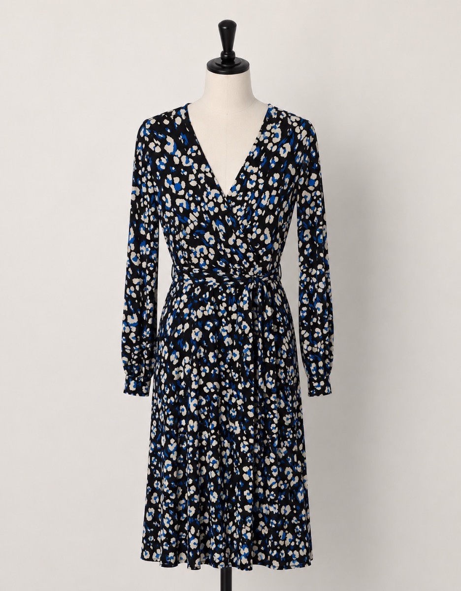 Wallis Blue & Black Animal Print Wrap Dress UK 14 Midi Stretch Viscose