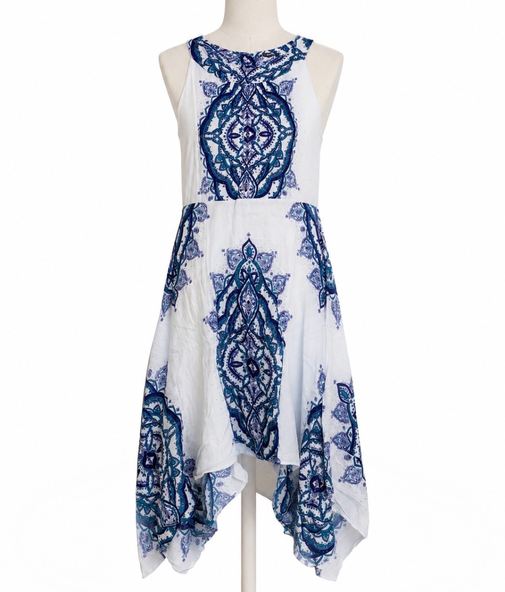 Bonmarché Blue & White Paisley Handkerchief Hem Dress UK 20