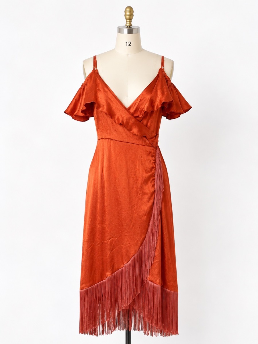 QUIZ Rust Satin Wrap Fringe Midi Dress UK 12 Festival Wedding Guest Boho