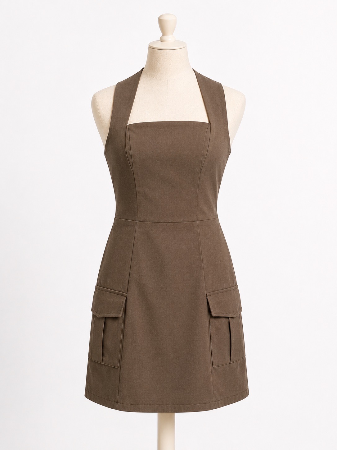Quiz Taupe Brown Sleeveless Mini Dress UK 6 Summer Utility Cargo Dress