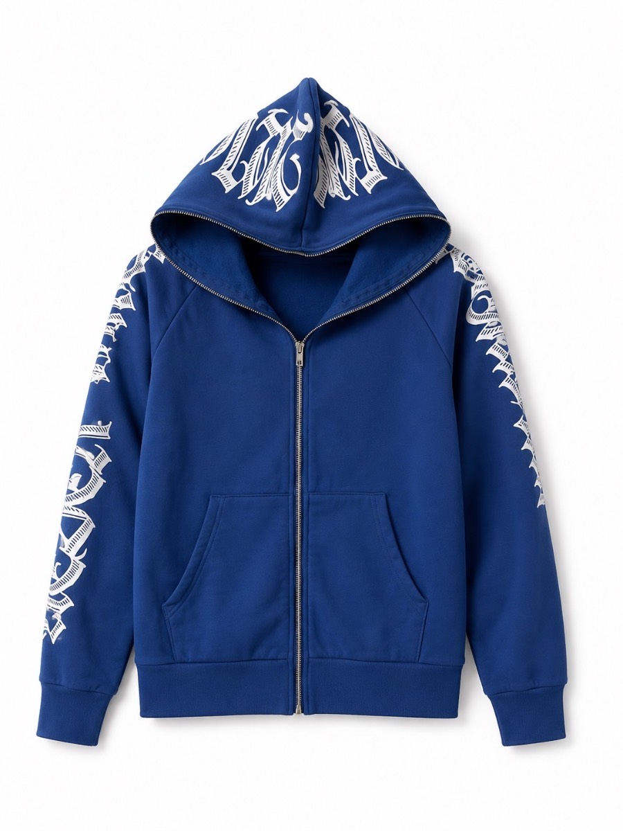 Blue Gothic Print Zip Hoodie | Streetwear | Y2K | Unisex