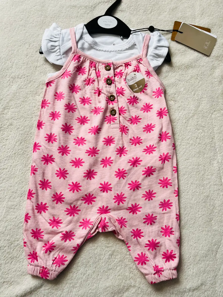 M&Co baby girls summer cotton dungarees 2 piece set BNWT 0-3 months