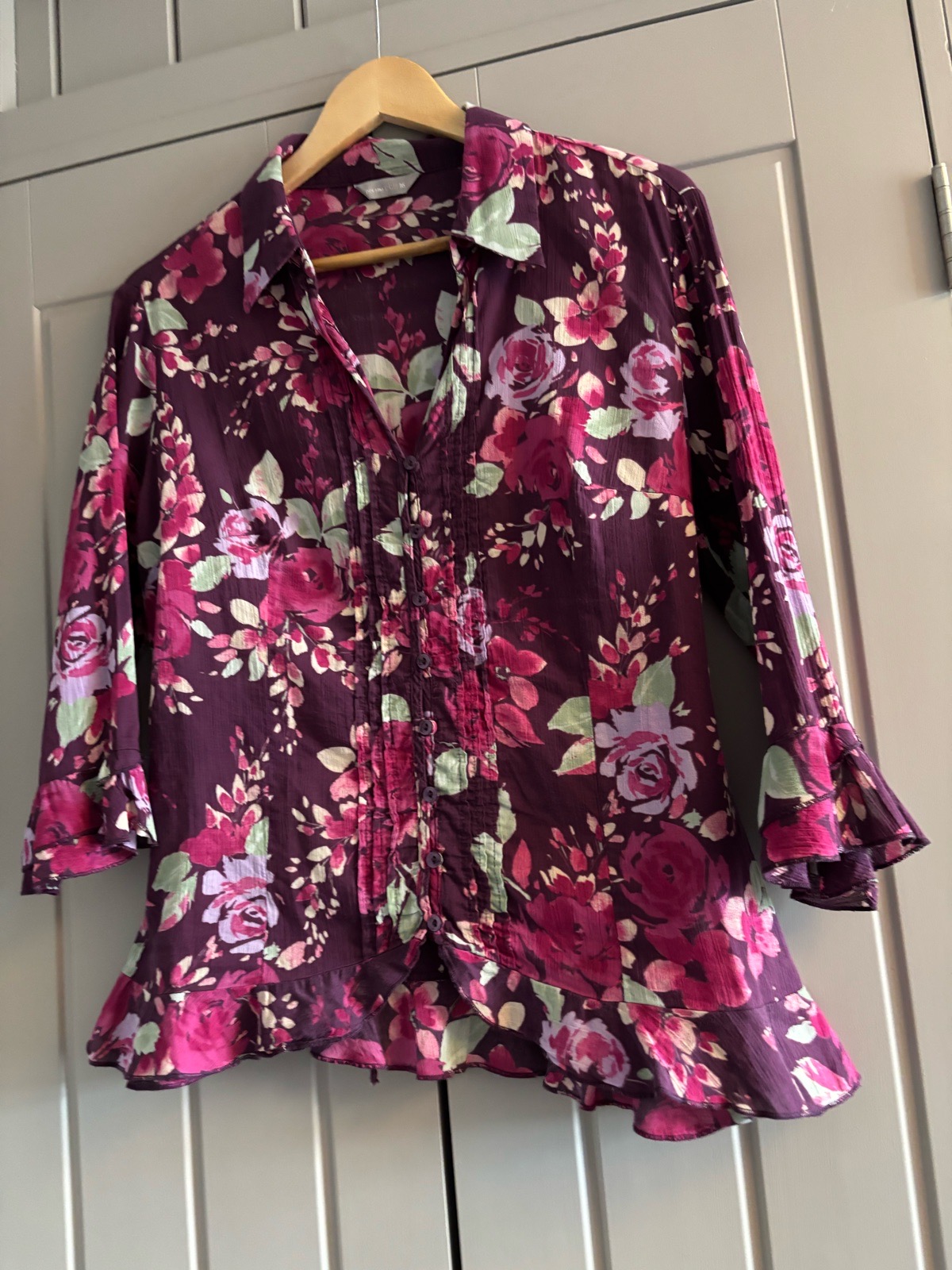 Per Una Purple Floral Shirt Blouse Size 16 Pintuck Tie Back 100% Cotton Frilled