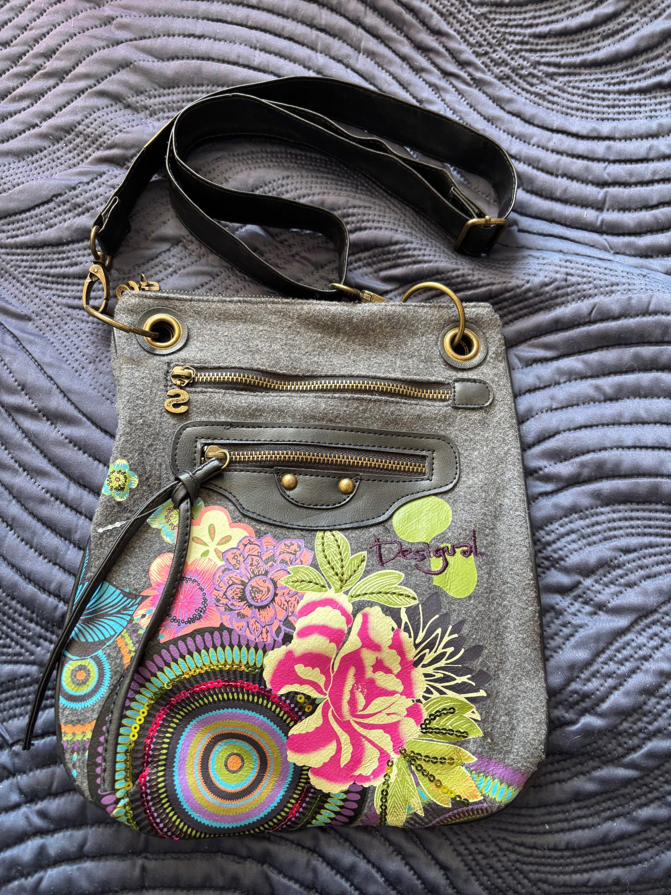 Desigual Felt Cross Body Bag Handbag Grey Multicoloured Shoulder Bag Medium Size