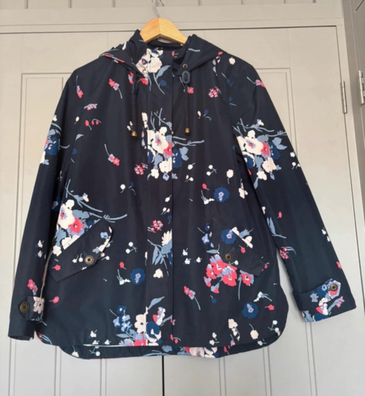 Laura Ashley Jacket Raincoat Navy Floral Size 12 Cotton Lined Hooded Pockets VGC
