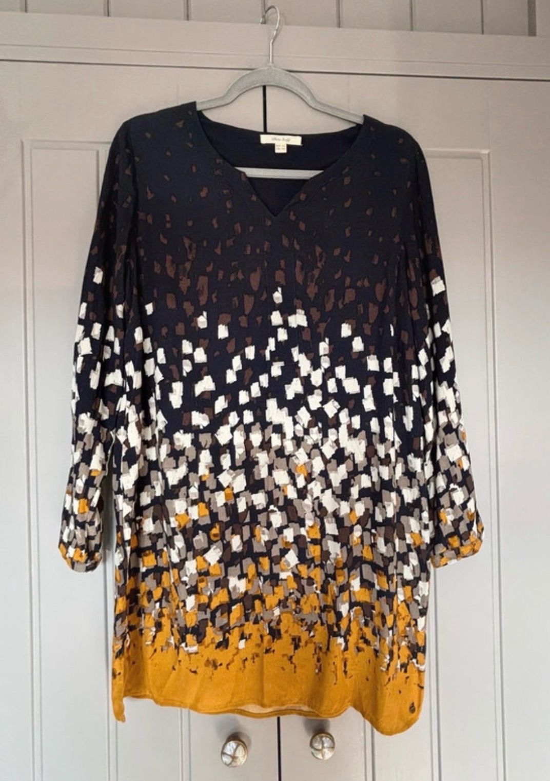 White Stuff Tunic Dress Lightweight Navy/Mustard/Brown/White Print Size 12 VGC