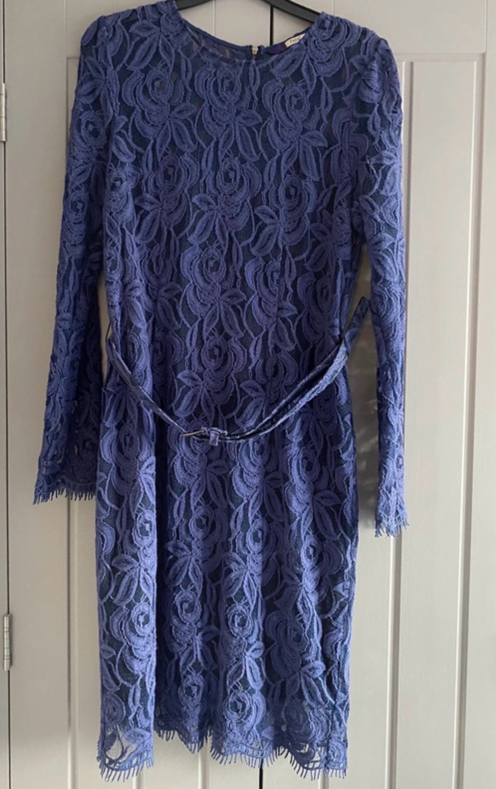 NEXT Dress Lace Purple Size 14/16 Belted Zip Back Pencil Shift Long Sleeves VGC