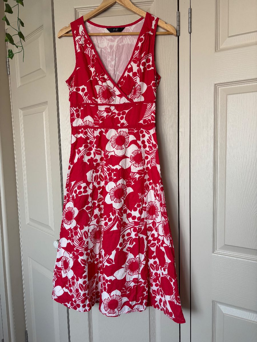 Y2K Red & White Floral Vtg F&F Dress Summer Holiday Size 8/10 Fit & Flare Cotton