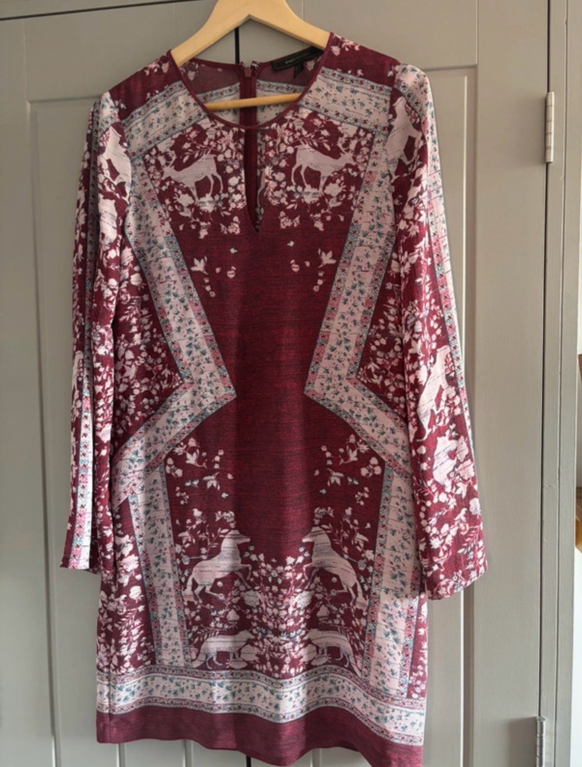 BCBGMaxazria Burgundy Freya Tunic Style Dress Long Sleeve Semi Sheer Size S UK 8/10