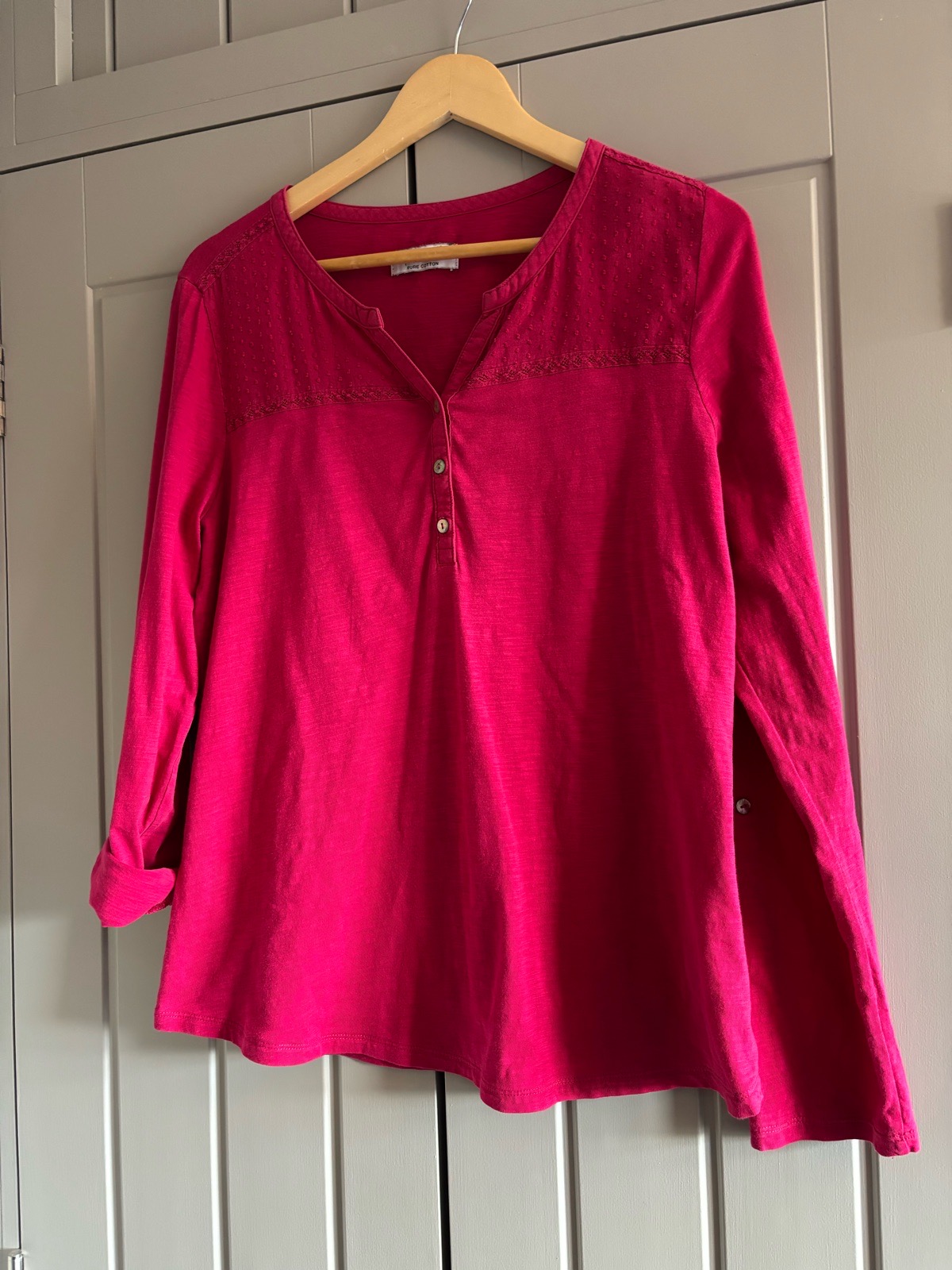 Per Una T Shirt Top Roll Up Long Sleeves Dark Pink Cerise Size 14 Cotton Casual