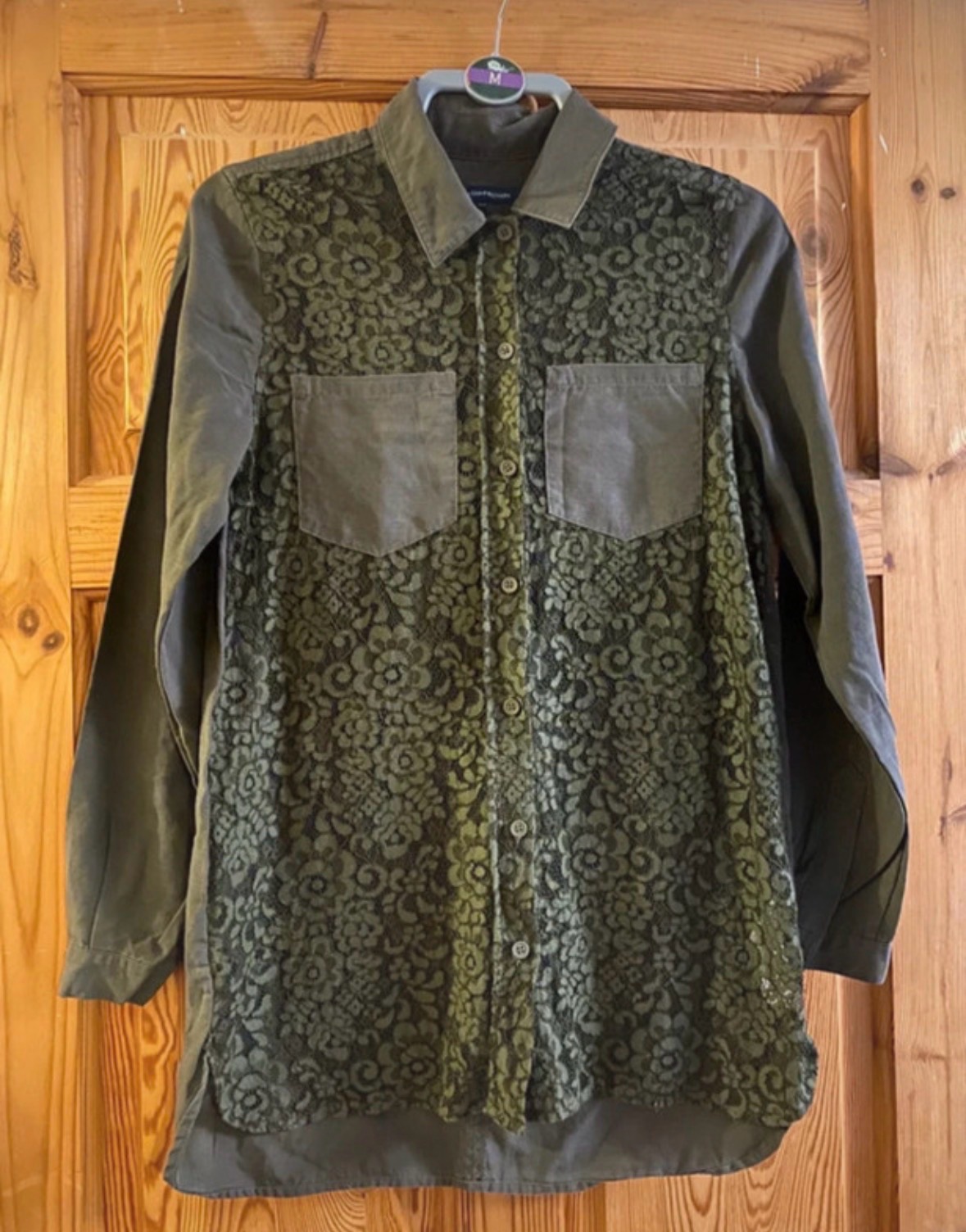French Connection FCUK Marian Shirt Top Size 6 Khaki Green Lace Long Sleeved VGC