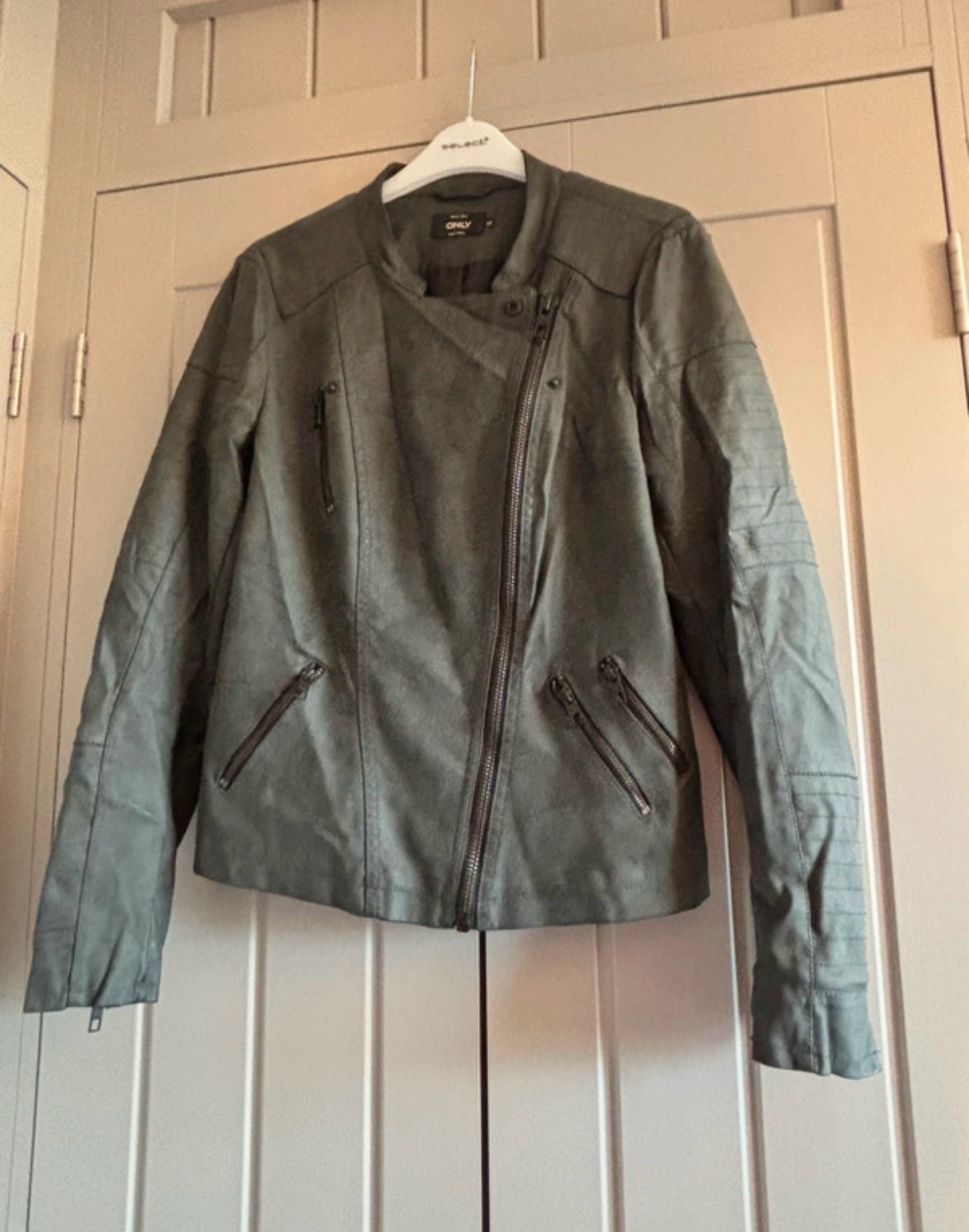 ONLY Jacket Dark Grey Ladies Biker Style Faux Leather Size 8 See Description