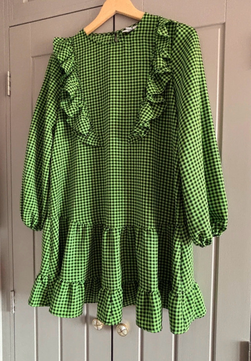 Topshop Dress Bright Green & Black Gingham Size 8/10 Petite Ruffle Detail VGC