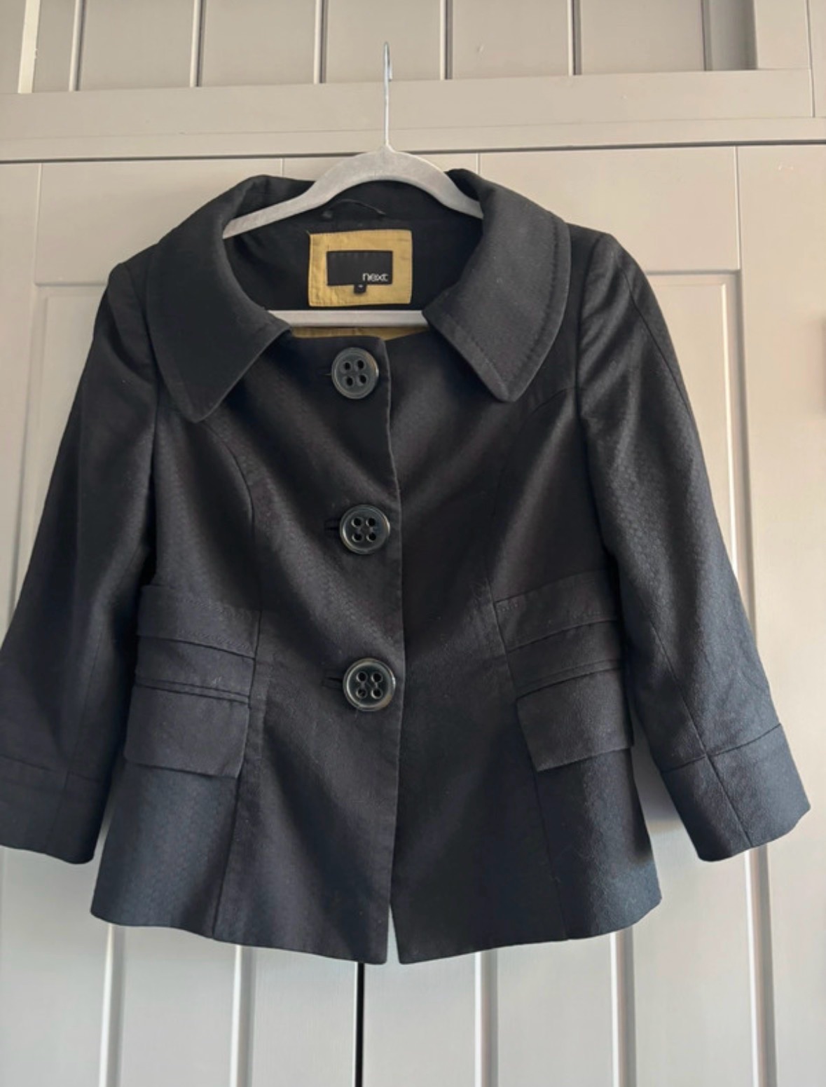 Next Ladies Black Jacket Blazer Size 10 Lined Large Buttons Collared 3/4 Sleeves