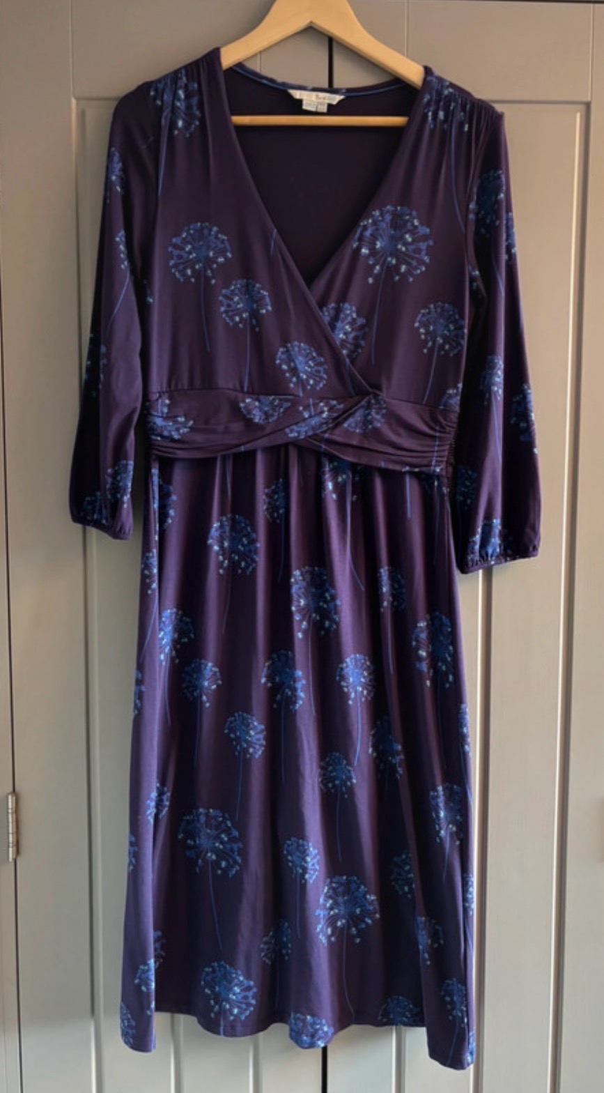 Boden Midi Dress Ladies Purple V Neck Stretch Jersey Size 12L VGC Long Sleeves