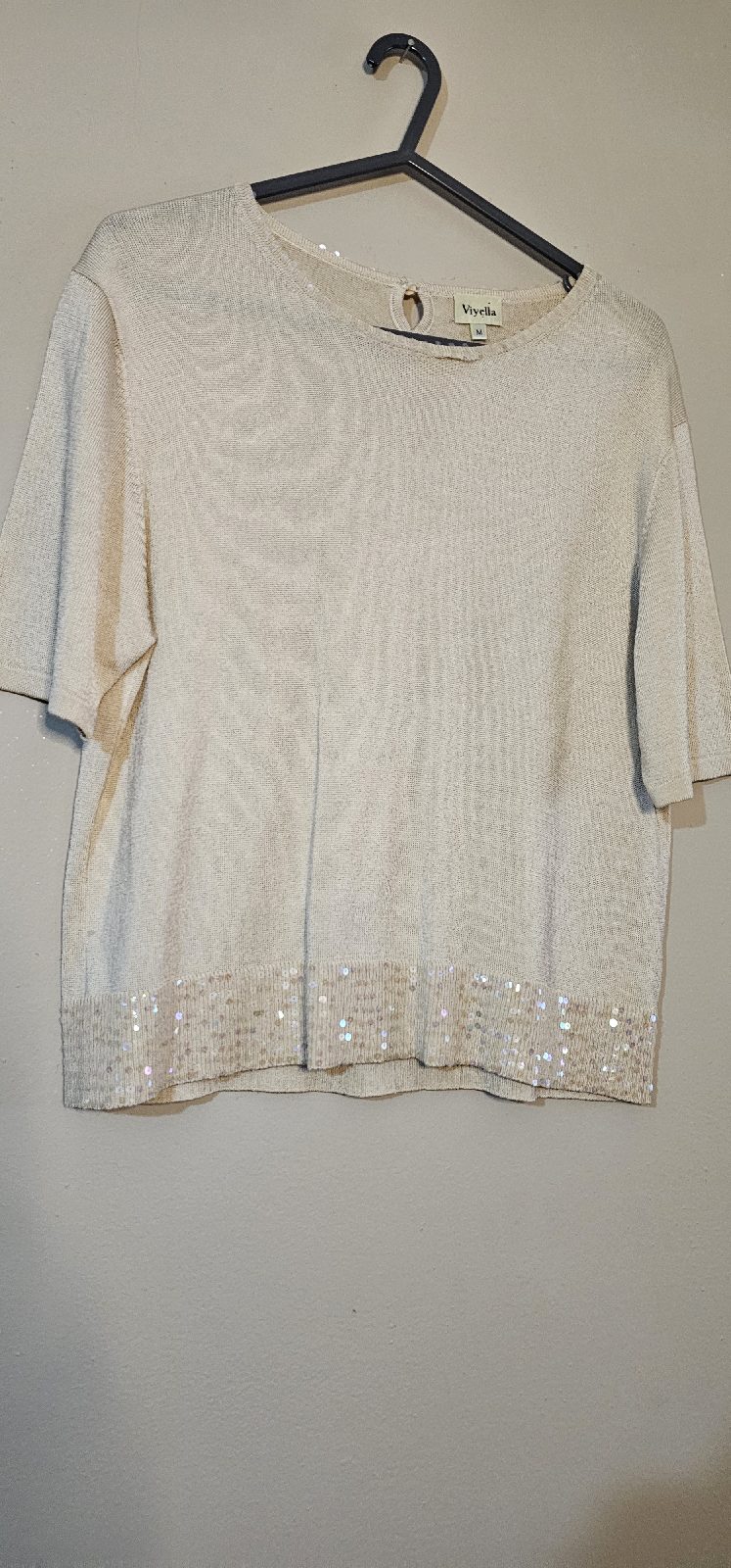 Viyella beige sequin trim short sleeve jumper size M