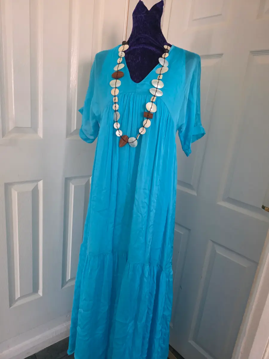 KAOS JEANS Italian Silk-Blend Maxi Dress – Turquoise Blue