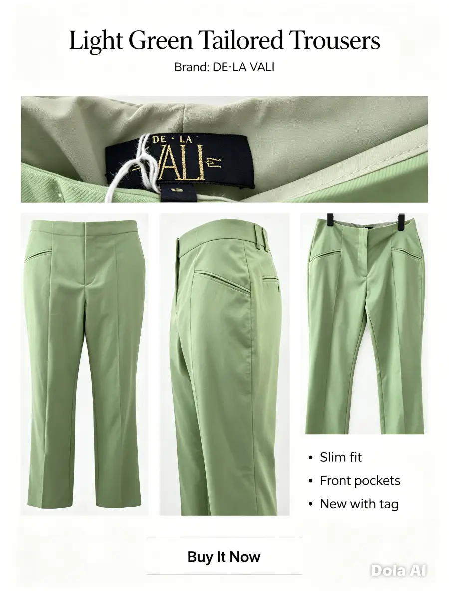 De La Vail Pistachio Green Tailored Trousers – Size 12 – Smart Casual Elegant