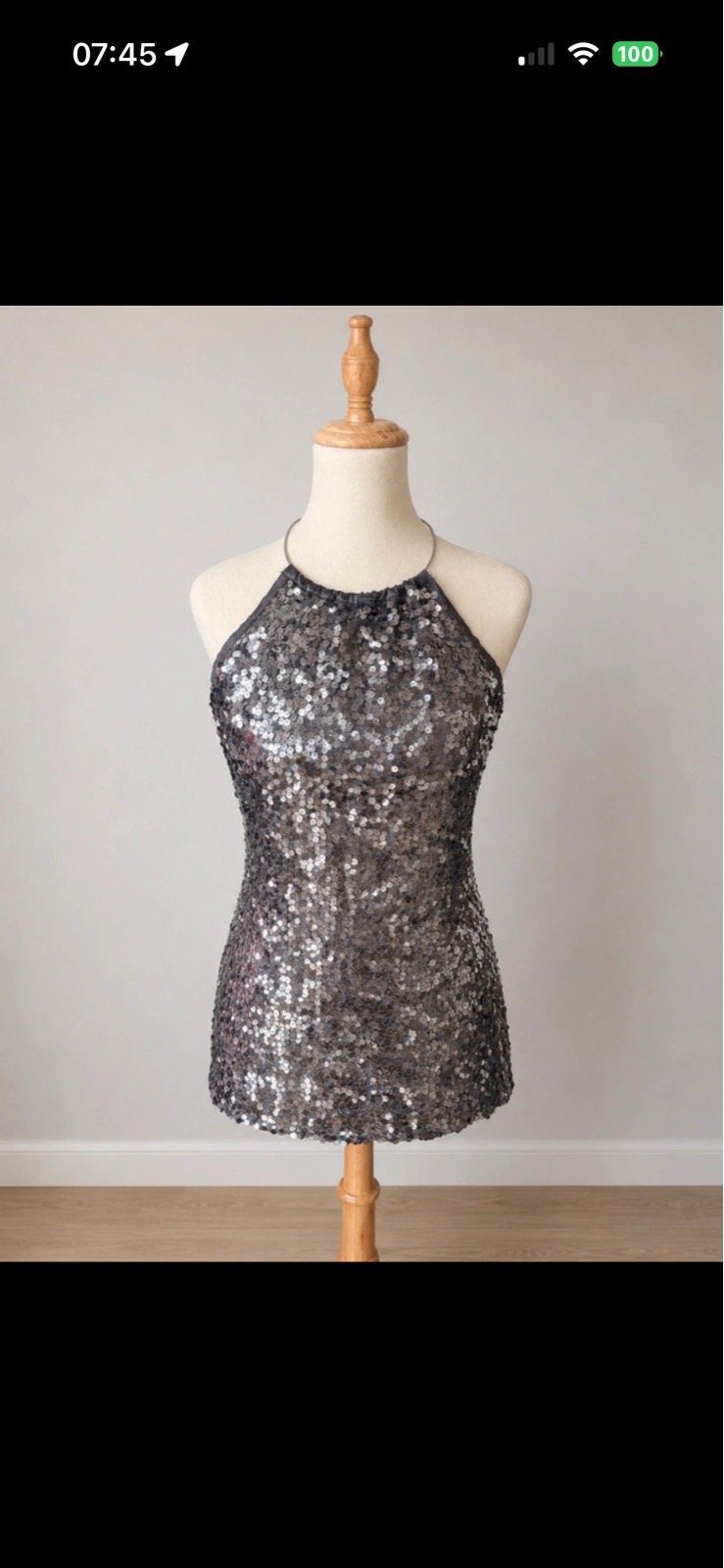Y2K Silver Sequin Halter Neck Top UK 16 Metallic Disco 00’s
