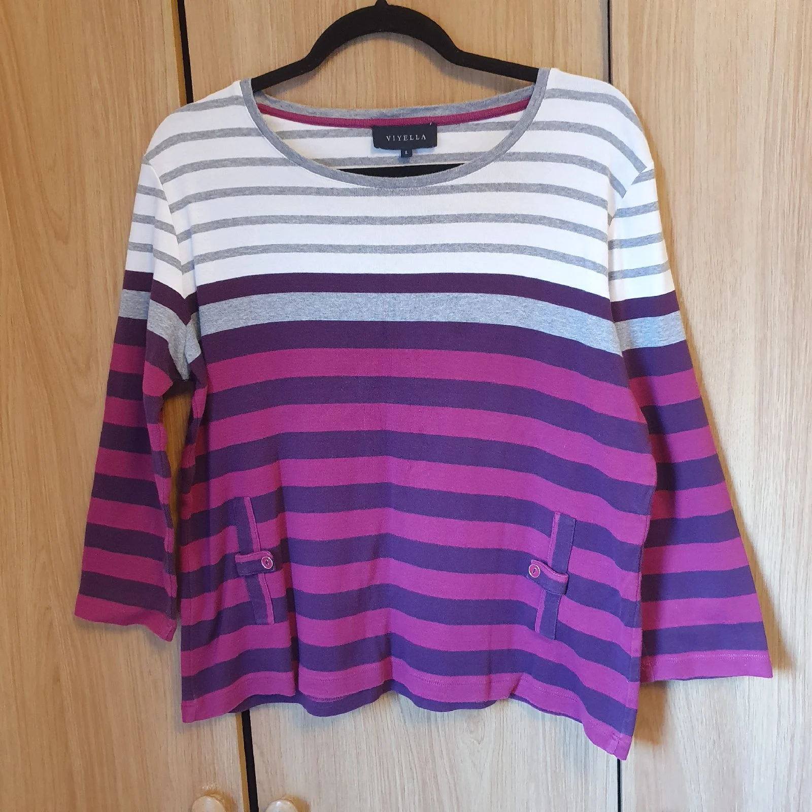 Viyella Striped Top 100% Cotton Classic Casual Basic Preppy Size 16 Purple